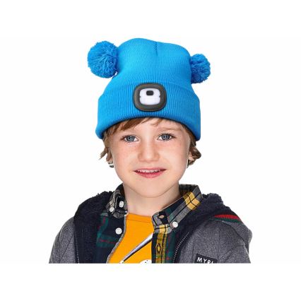 Extol - Berretto con lampada frontale ricaricabile via USB 250 mAh, blu con pompon, per bambini