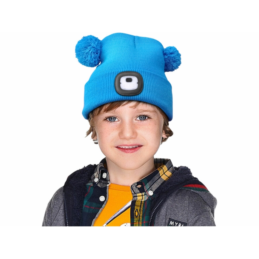 Extol - Berretto con lampada frontale ricaricabile via USB 250 mAh, blu con pompon, per bambini