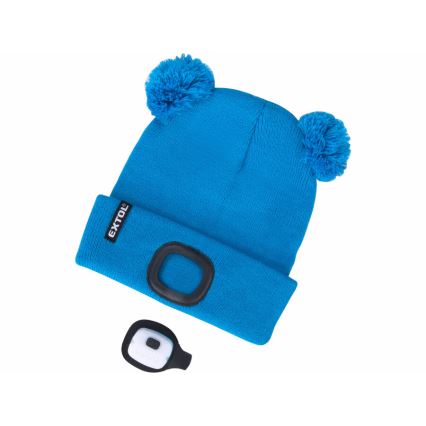 Extol - Berretto con lampada frontale ricaricabile via USB 250 mAh, blu con pompon, per bambini