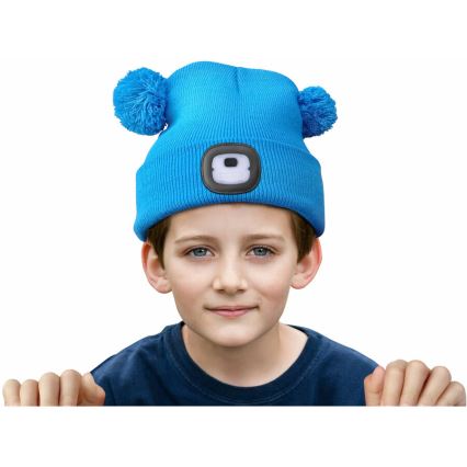 Extol - Cappello con lampada frontale e ricarica USB 250 mAh blu con pompon taglia bambino