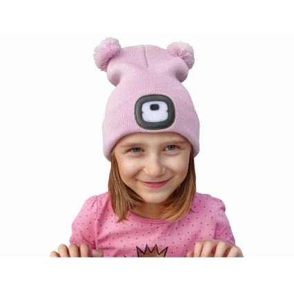 Extol - Cappello con lampada frontale e ricarica USB 250 mAh rosa con pompon taglia bambino