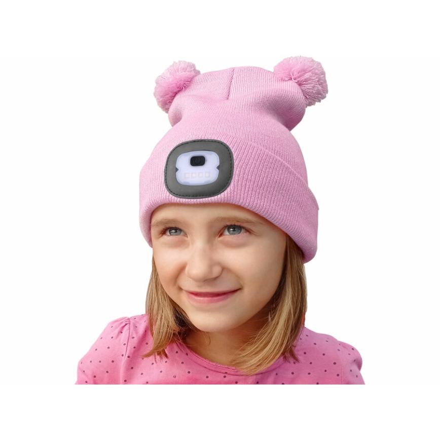 Extol - Cappello con lampada frontale integrata, batteria 250 mAh ricaricabile via USB, rosa con pompon, taglia per bambini