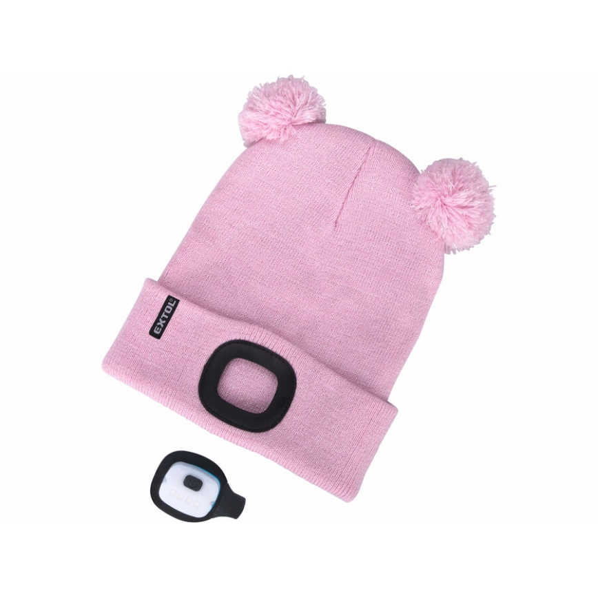 Extol - Cappello con lampada frontale integrata, batteria 250 mAh ricaricabile via USB, rosa con pompon, taglia per bambini