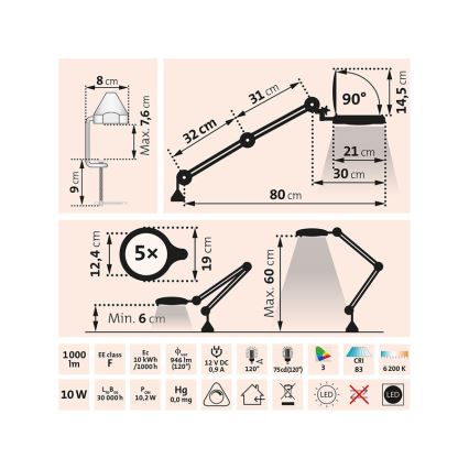 Extol - Lampada da tavolo dimmerabile a LED con lente d'ingrandimento LED/10W/230V bianca