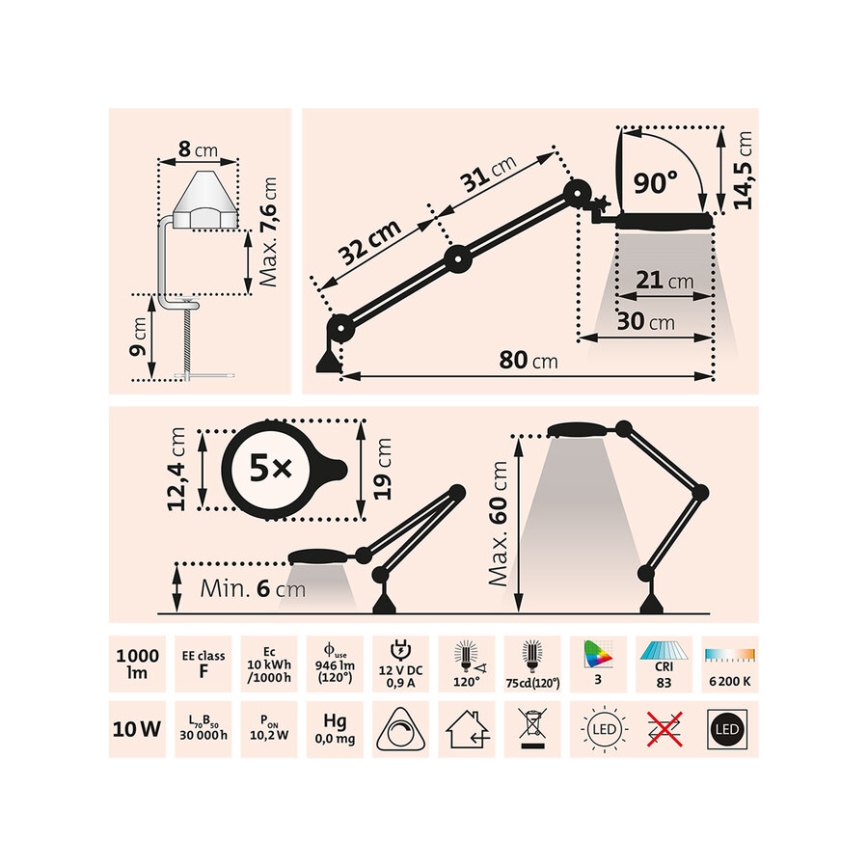 Extol - Lampada da tavolo dimmerabile a LED con lente d'ingrandimento LED/10W/230V bianca