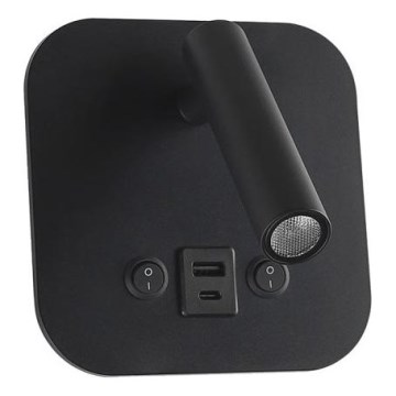 Faretto da parete LED orientabile con porta USB LED/8W/230V 3000K nero