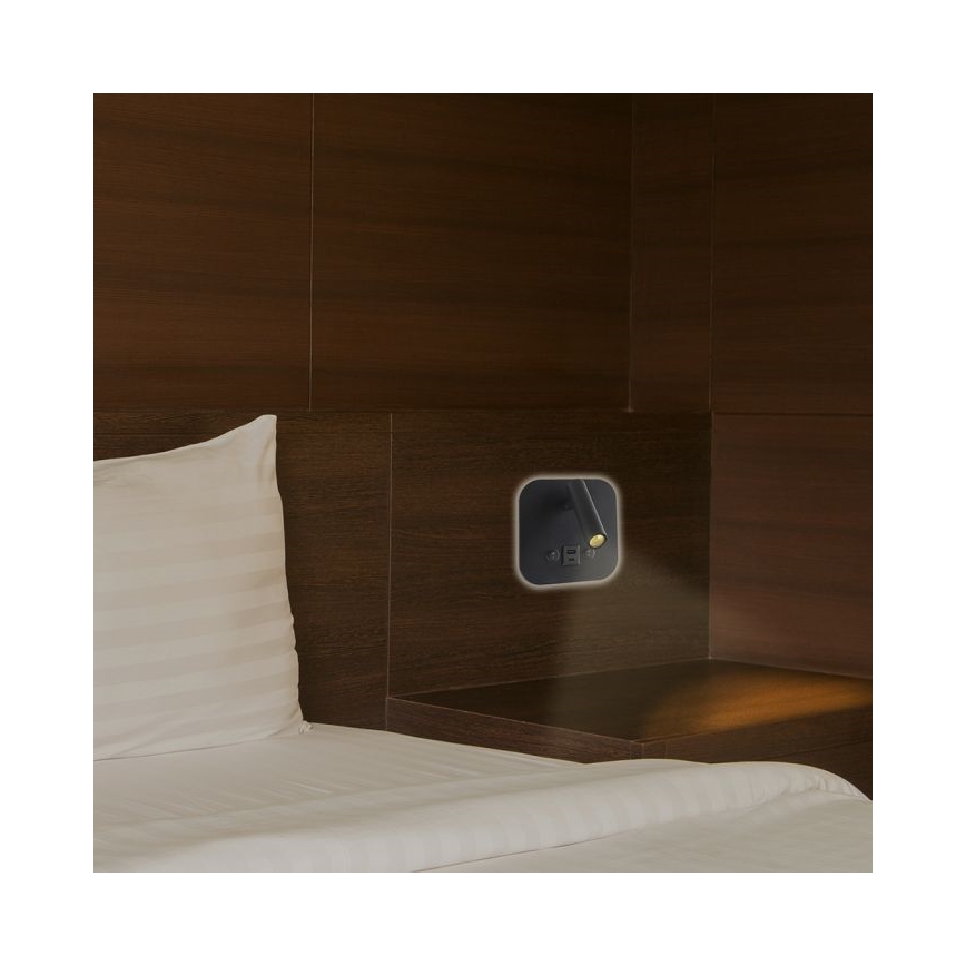 Faretto da parete LED orientabile con porta USB LED/8W/230V 3000K nero