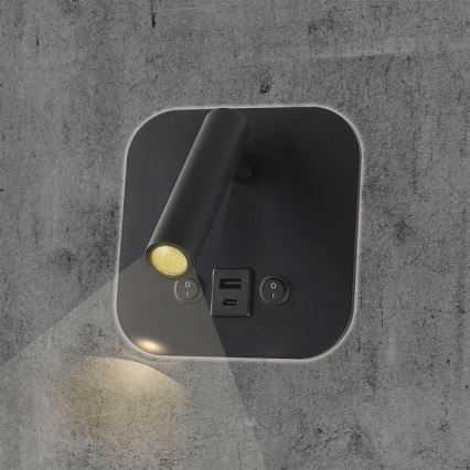 Faretto da parete LED orientabile con porta USB LED/8W/230V 3000K nero