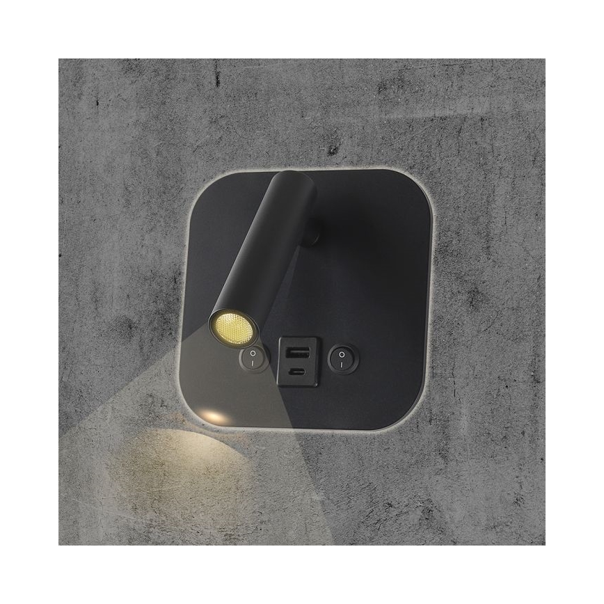 Faretto da parete LED orientabile con porta USB LED/8W/230V 3000K nero