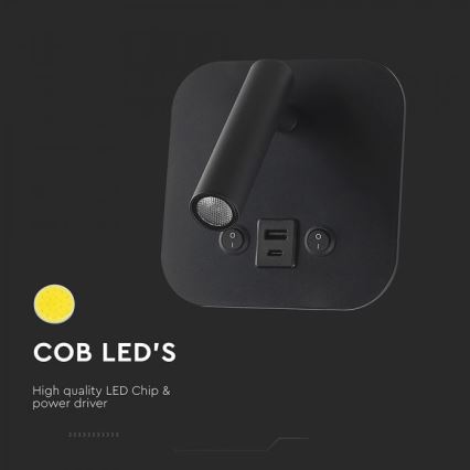Faretto da parete LED orientabile con porta USB LED/8W/230V 3000K nero