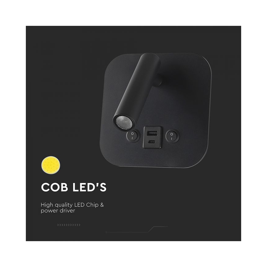 Faretto da parete LED orientabile con porta USB LED/8W/230V 3000K nero