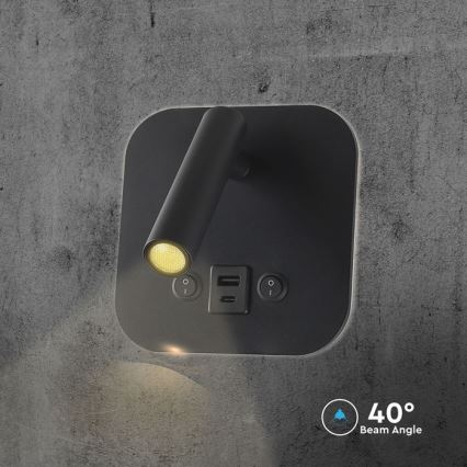 Faretto da parete LED orientabile con porta USB LED/8W/230V 3000K nero