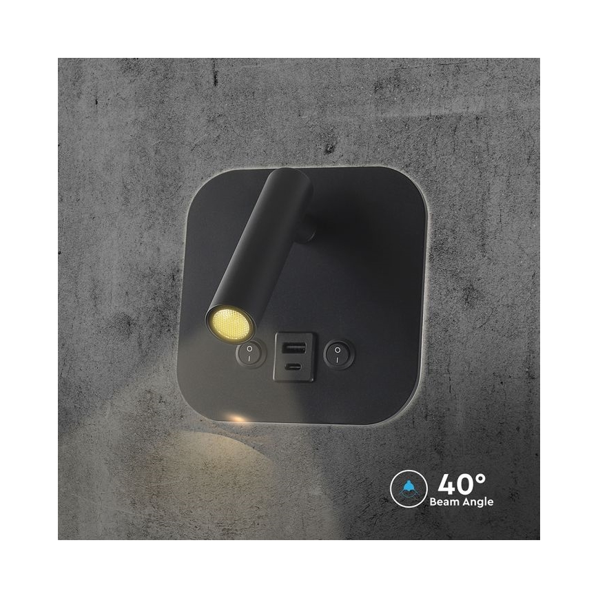 Faretto da parete LED orientabile con porta USB LED/8W/230V 3000K nero