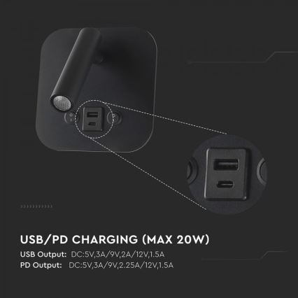 Faretto da parete LED orientabile con porta USB LED/8W/230V 3000K nero