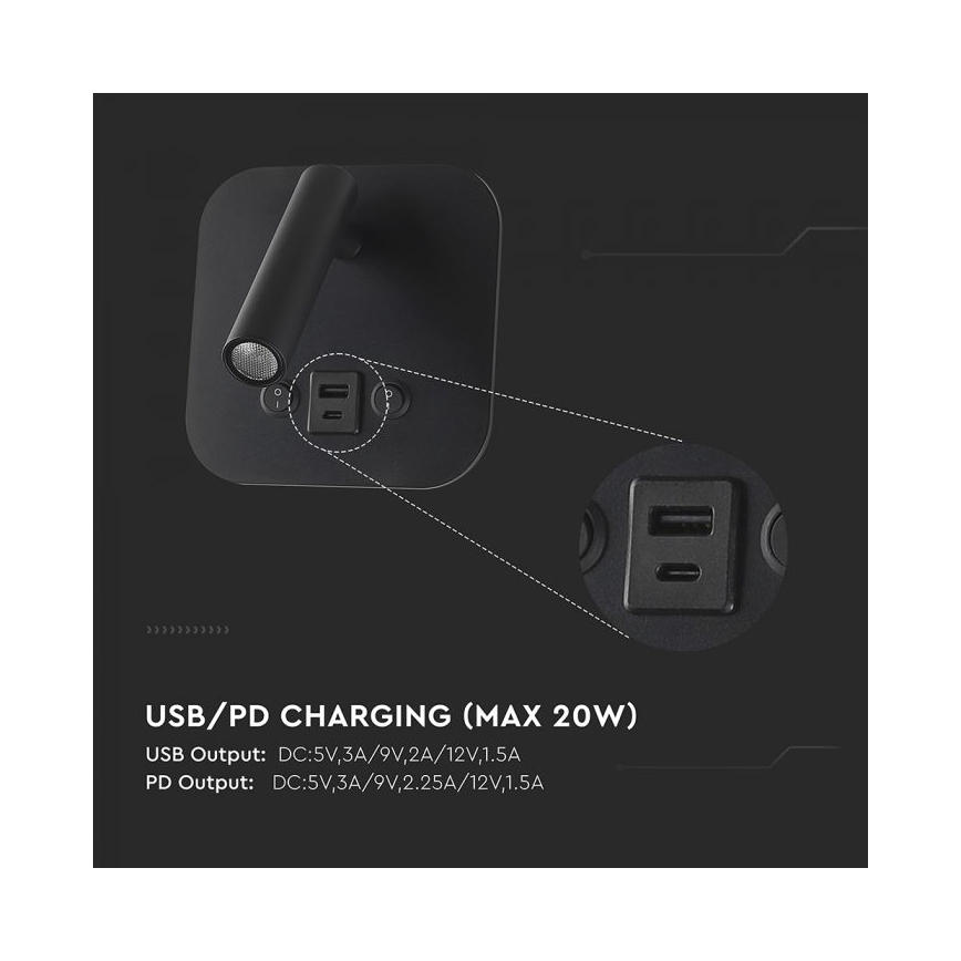Faretto da parete LED orientabile con porta USB LED/8W/230V 3000K nero