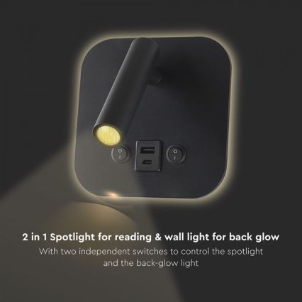 Faretto da parete LED orientabile con porta USB LED/8W/230V 3000K nero