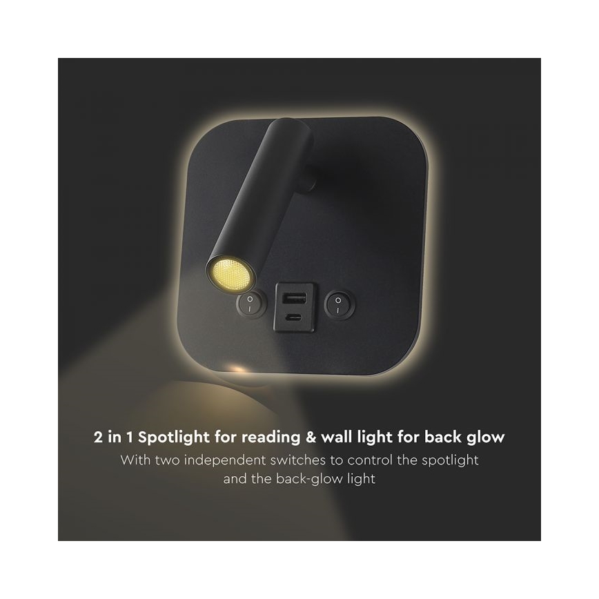 Faretto da parete LED orientabile con porta USB LED/8W/230V 3000K nero