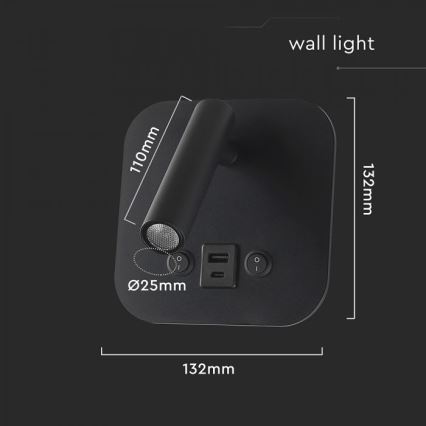 Faretto da parete LED orientabile con porta USB LED/8W/230V 3000K nero