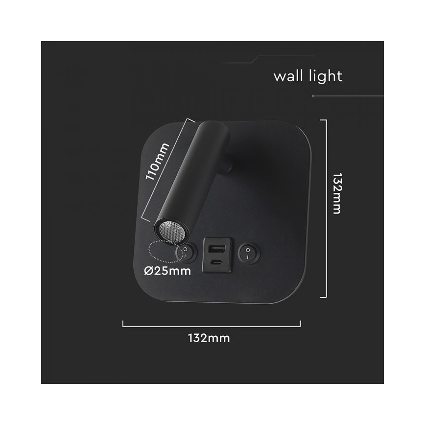 Faretto da parete LED orientabile con porta USB LED/8W/230V 3000K nero