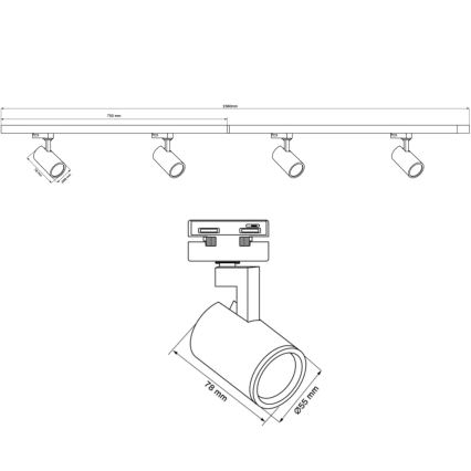 Faretto per sistema a binario LYNX 4xGU10/10W/230V + 2 x 75 cm sistema a binario bianco