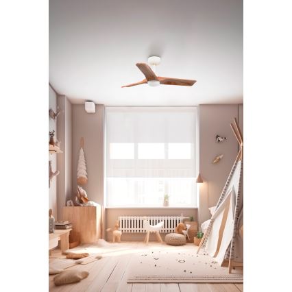 FARO 33805-1TW - Ventilatore da soffitto dimmerabile HEYWOOD con LED, 10W/230V, 2700/3000/4000K, finitura legno/bianco, Ø 90 cm + telecomando incluso