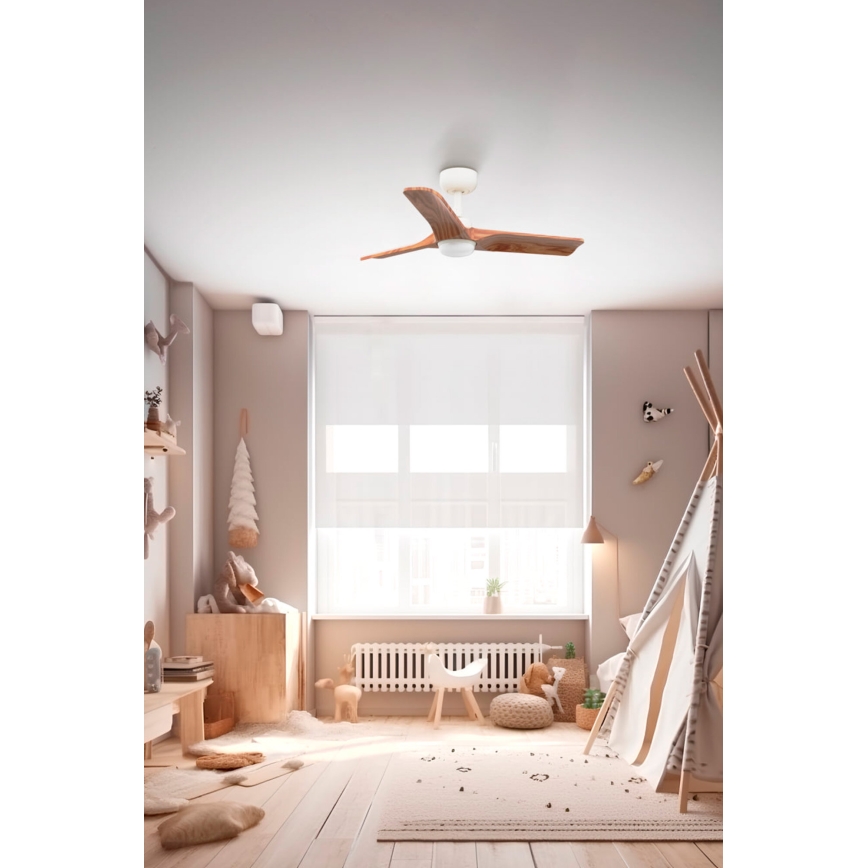 FARO 33805-1TW - Ventilatore da soffitto dimmerabile HEYWOOD con LED, 10W/230V, 2700/3000/4000K, finitura legno/bianco, Ø 90 cm + telecomando incluso