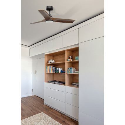 FARO 33806WT-1TW - Ventilatore da soffitto dimmerabile a LED HEYWOOD S LED/10W/230V 2700/4000/6000K legno/nero diam. 90 cm Wi-Fi Tuya + telecomando