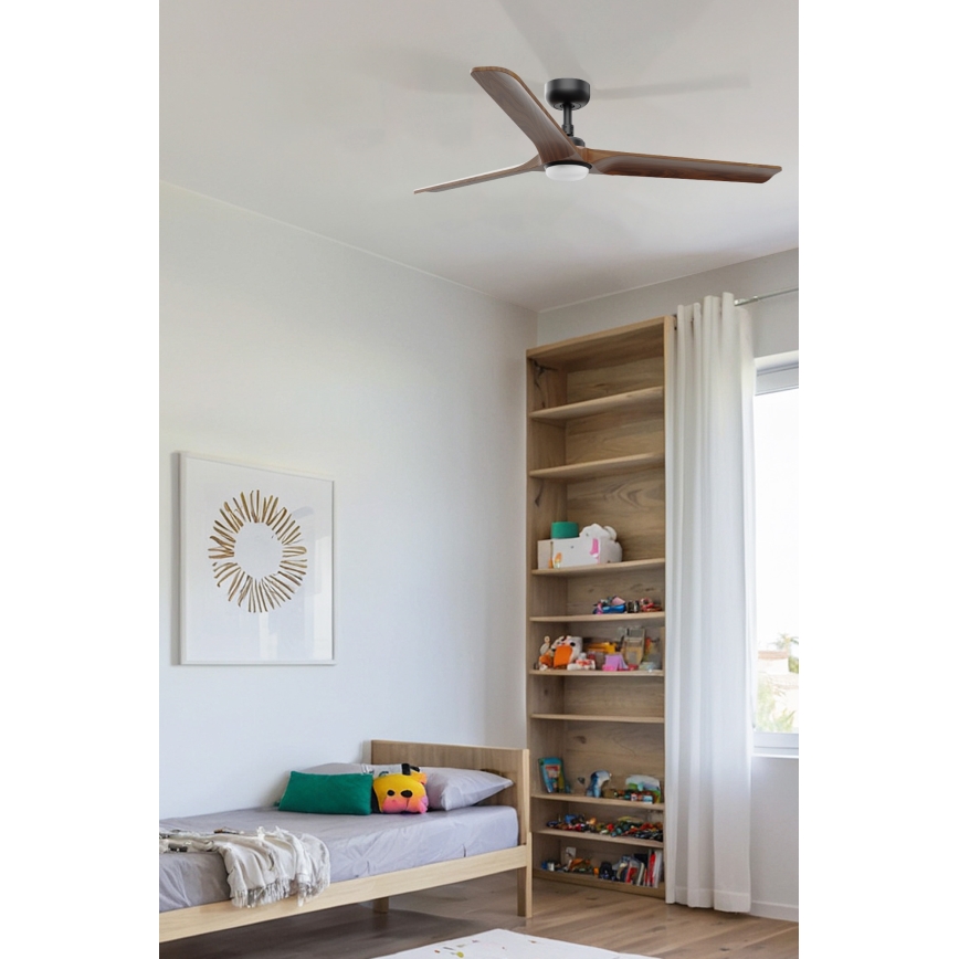 FARO 33809WT1S - Ventilatore da soffitto LED dimmerabile HEYWOOD L, LED 10W, 230V, 2700/3000/4000K, Ø 132 cm, finitura legno/nero, Wi-Fi Tuya + telecomando