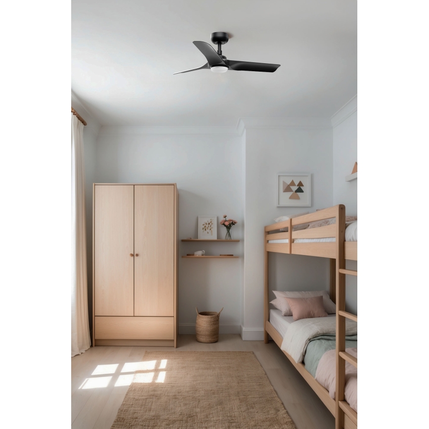 FARO 33825WT1S - Ventilatore da soffitto dimmerabile LED HEY S LED/10W/230V 2700/3000/4000K Ø 90 cm nero Wi‑Fi Tuya + telecomando