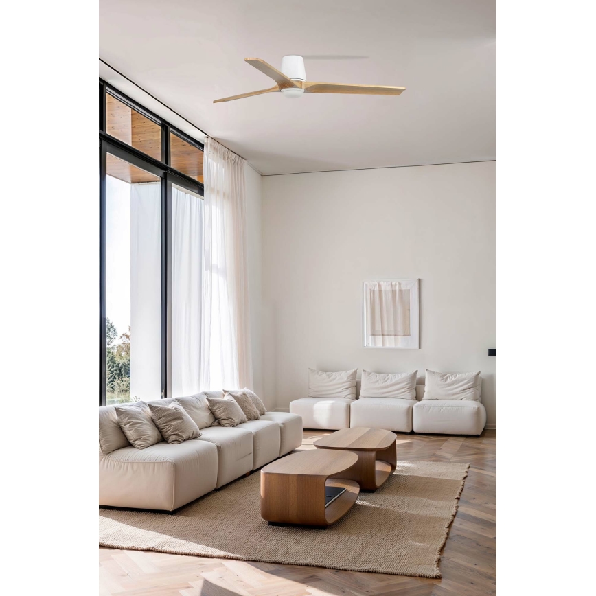 FARO 33838WT-1TW - Ventilatore da soffitto dimmerabile LED HEYWOOD TUB L LED/10W/230V 2700/3000/4000K pino/bianco Ø 132 cm Wi-Fi Tuya + telecomando