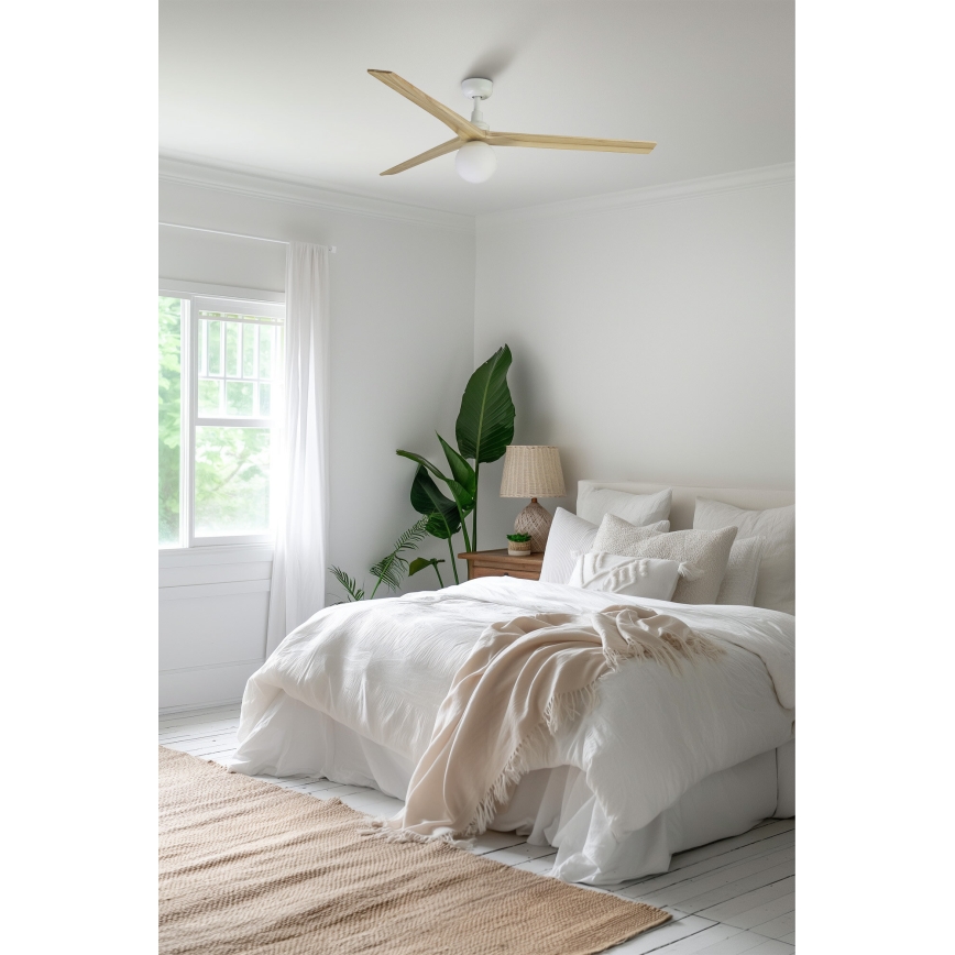 FARO 34279-11L - Ventilatore da soffitto KLIM L 1xE27/15W/230V legno/bianco diametro 150 cm + telecomando
