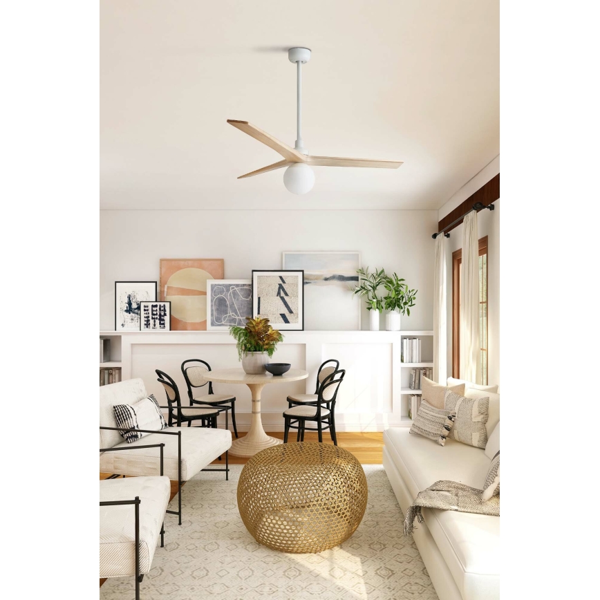 FARO 34280WT-11L - Ventilatore da soffitto KLIM M 1xE27/15W/230V pino/bianco diametro 125 cm Wi-Fi Tuya + telecomando