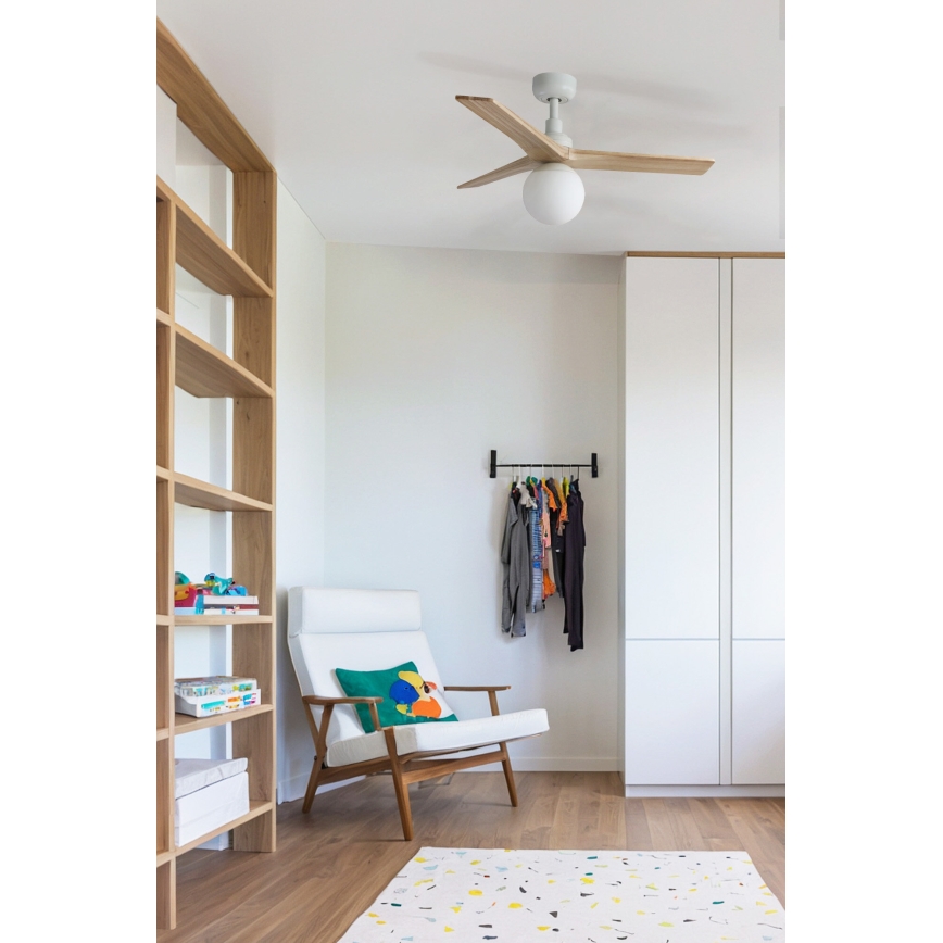 FARO 34281WT-11L - Ventilatore da soffitto KLIM S 1xE27/15W/230V legno/bianco diametro 92,5 cm Wi-Fi Tuya + telecomando