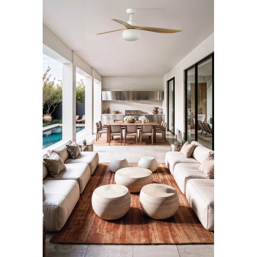 FARO 34361WT-11L - Ventilatore da soffitto OUTWOOD L 1xE27/15W/230V marrone/bianco Ø 150 cm Wi-Fi Tuya IP44 + con telecomando