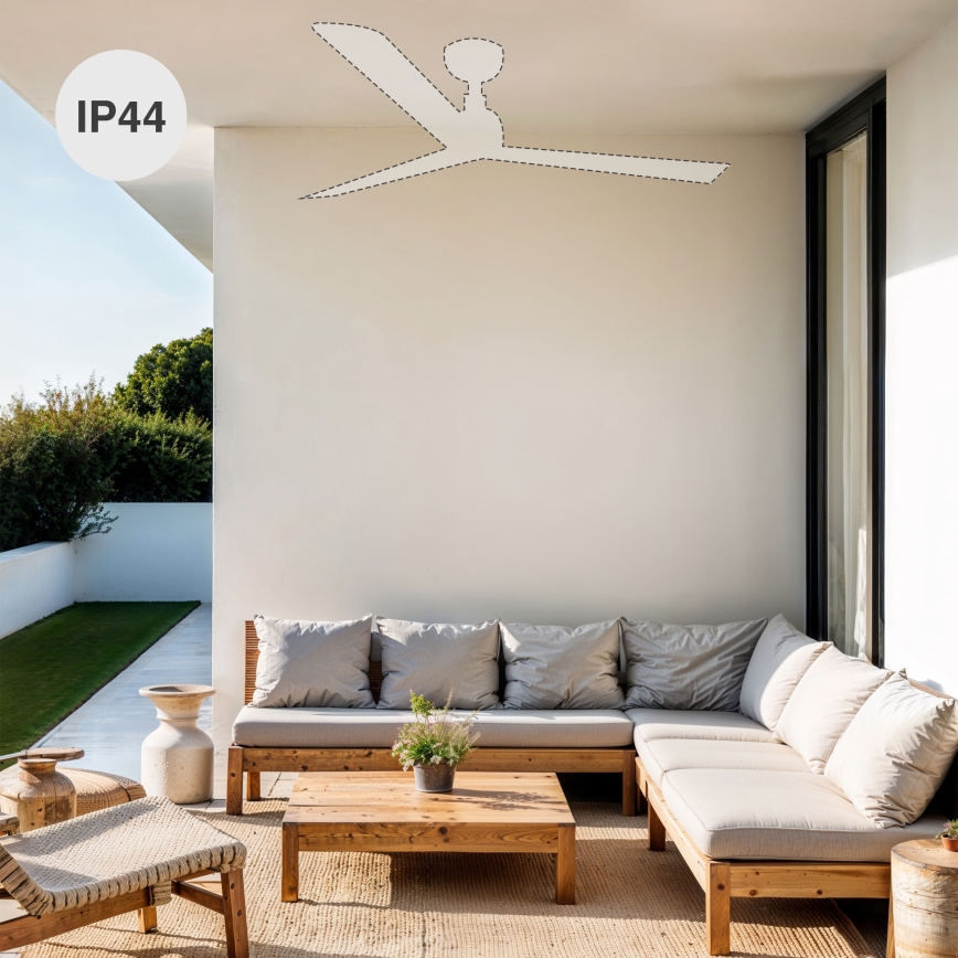 FARO 34361WT-11L - Ventilatore da soffitto OUTWOOD L 1xE27/15W/230V marrone/bianco Ø 150 cm Wi-Fi Tuya IP44 + con telecomando
