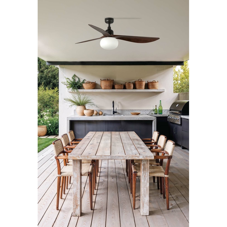 FARO 34362WT-11L - Ventilatore da soffitto OUTWOOD L 1xE27/15W/230V marrone/nero Ø 150 cm Wi-Fi Tuya IP44 + telecomando