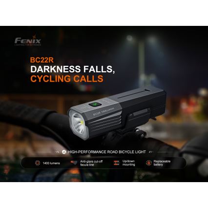 Fenix BC22R - Luce anteriore ricaricabile per bicicletta a LED dimmerabile, ricarica USB, 3400 mAh, IP66, 1400 lm, 41 h, nera
