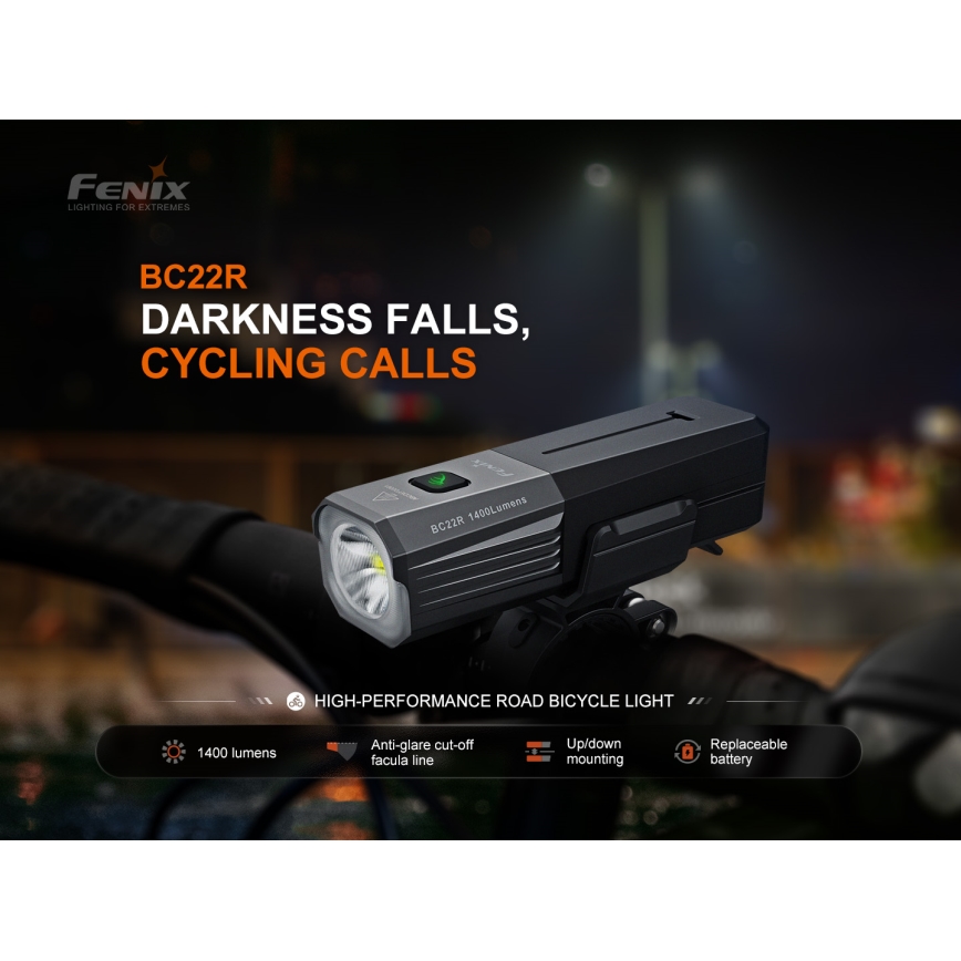 Fenix BC22R - Luce anteriore ricaricabile per bicicletta a LED dimmerabile, ricarica USB, 3400 mAh, IP66, 1400 lm, 41 h, nera