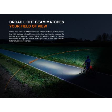 Fenix BC22R - Luce anteriore ricaricabile per bicicletta a LED dimmerabile, ricarica USB, 3400 mAh, IP66, 1400 lm, 41 h, nera