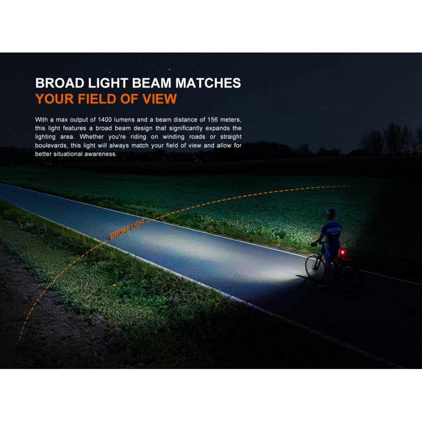 Fenix BC22R - Luce anteriore ricaricabile per bicicletta a LED dimmerabile, ricarica USB, 3400 mAh, IP66, 1400 lm, 41 h, nera