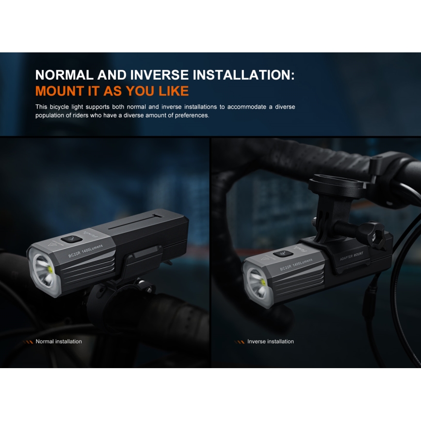 Fenix BC22R - Luce anteriore ricaricabile per bicicletta a LED dimmerabile, ricarica USB, 3400 mAh, IP66, 1400 lm, 41 h, nera