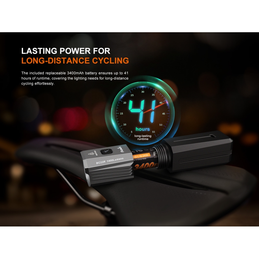 Fenix BC22R - Luce anteriore ricaricabile per bicicletta a LED dimmerabile, ricarica USB, 3400 mAh, IP66, 1400 lm, 41 h, nera