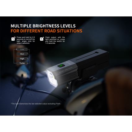 Fenix BC22R - Luce anteriore ricaricabile per bicicletta a LED dimmerabile, ricarica USB, 3400 mAh, IP66, 1400 lm, 41 h, nera