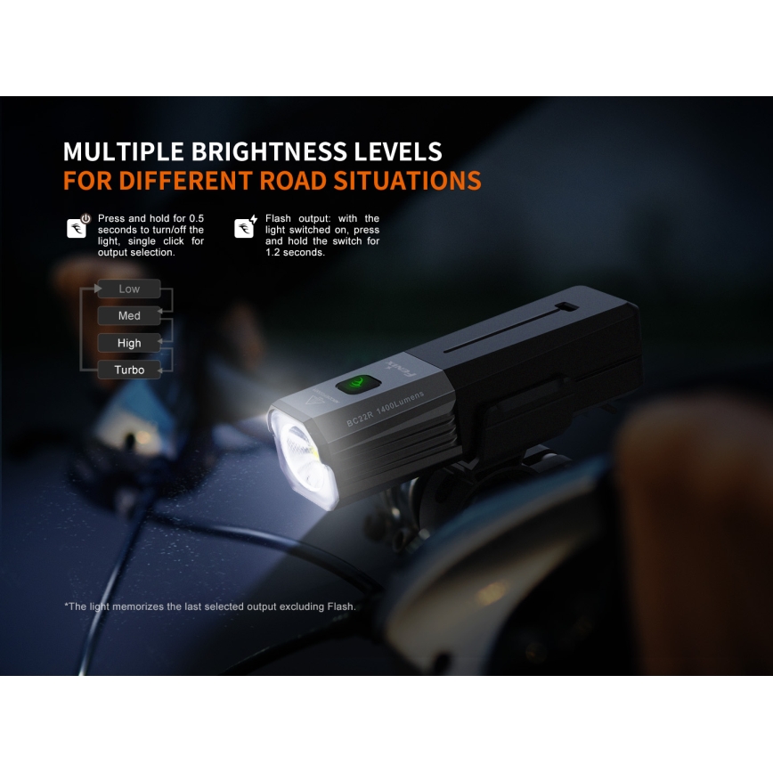 Fenix BC22R - Luce anteriore ricaricabile per bicicletta a LED dimmerabile, ricarica USB, 3400 mAh, IP66, 1400 lm, 41 h, nera