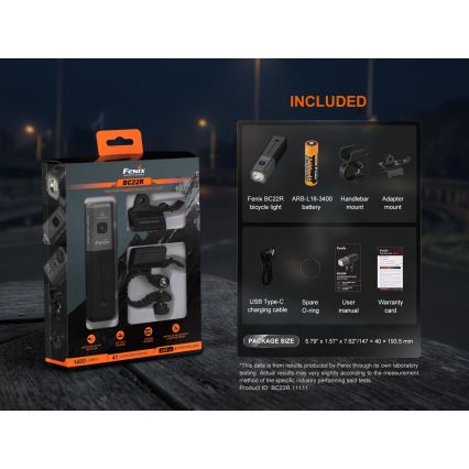 Fenix BC22R - Luce anteriore ricaricabile per bicicletta a LED dimmerabile, ricarica USB, 3400 mAh, IP66, 1400 lm, 41 h, nera