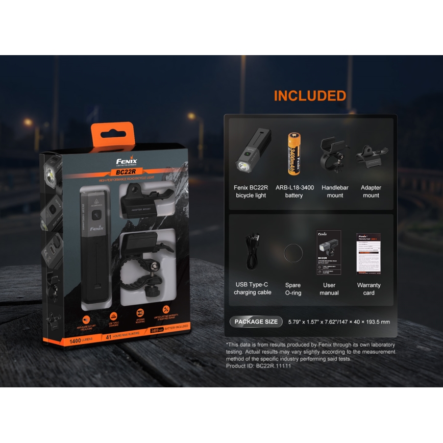 Fenix BC22R - Luce anteriore ricaricabile per bicicletta a LED dimmerabile, ricarica USB, 3400 mAh, IP66, 1400 lm, 41 h, nera