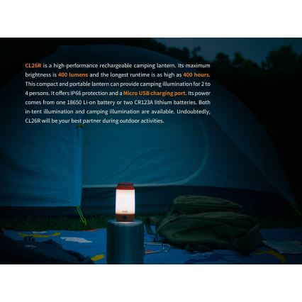 Fenix CL26RRED - LED Dimmerabile portatile ricaricabile lampada LED/USB/2xCR123A IP66 400 lm 400 h 2600 mAh arancione