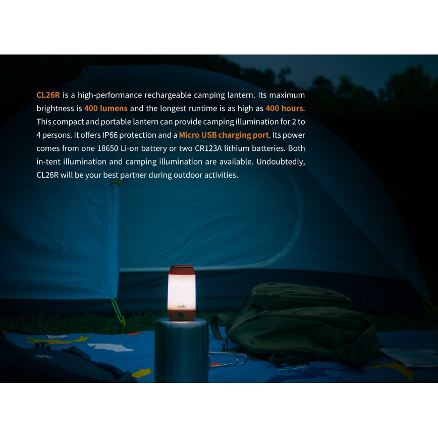 Fenix CL26RRED - LED Dimmerabile portatile ricaricabile lampada LED/USB/2xCR123A IP66 400 lm 400 h 2600 mAh arancione