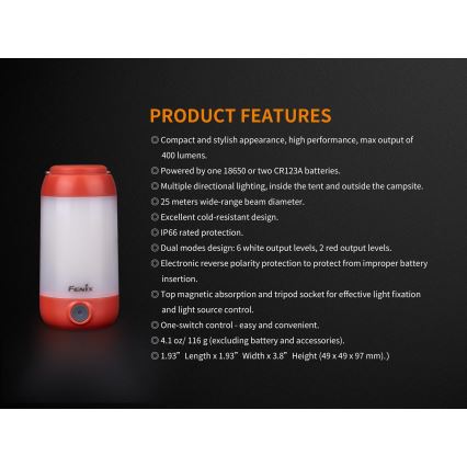 Fenix CL26RRED - LED Dimmerabile portatile ricaricabile lampada LED/USB/2xCR123A IP66 400 lm 400 h 2600 mAh arancione