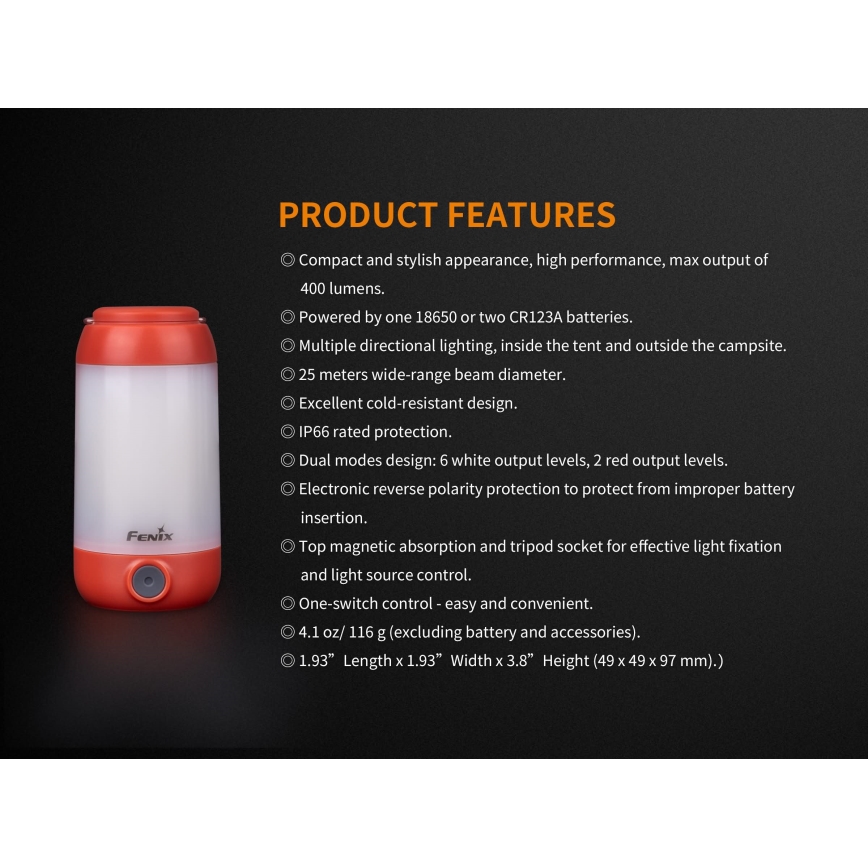 Fenix CL26RRED - LED Dimmerabile portatile ricaricabile lampada LED/USB/2xCR123A IP66 400 lm 400 h 2600 mAh arancione